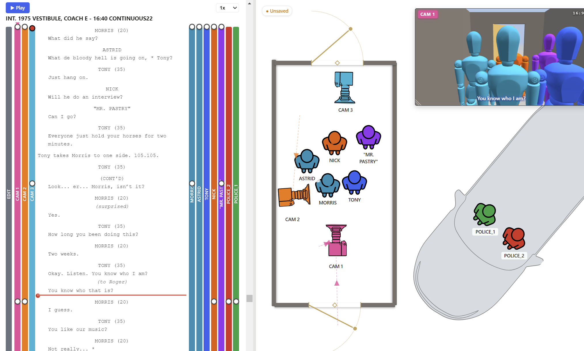 Director's Prep app showing screenplay, floorplan blocking, and 3D camera view